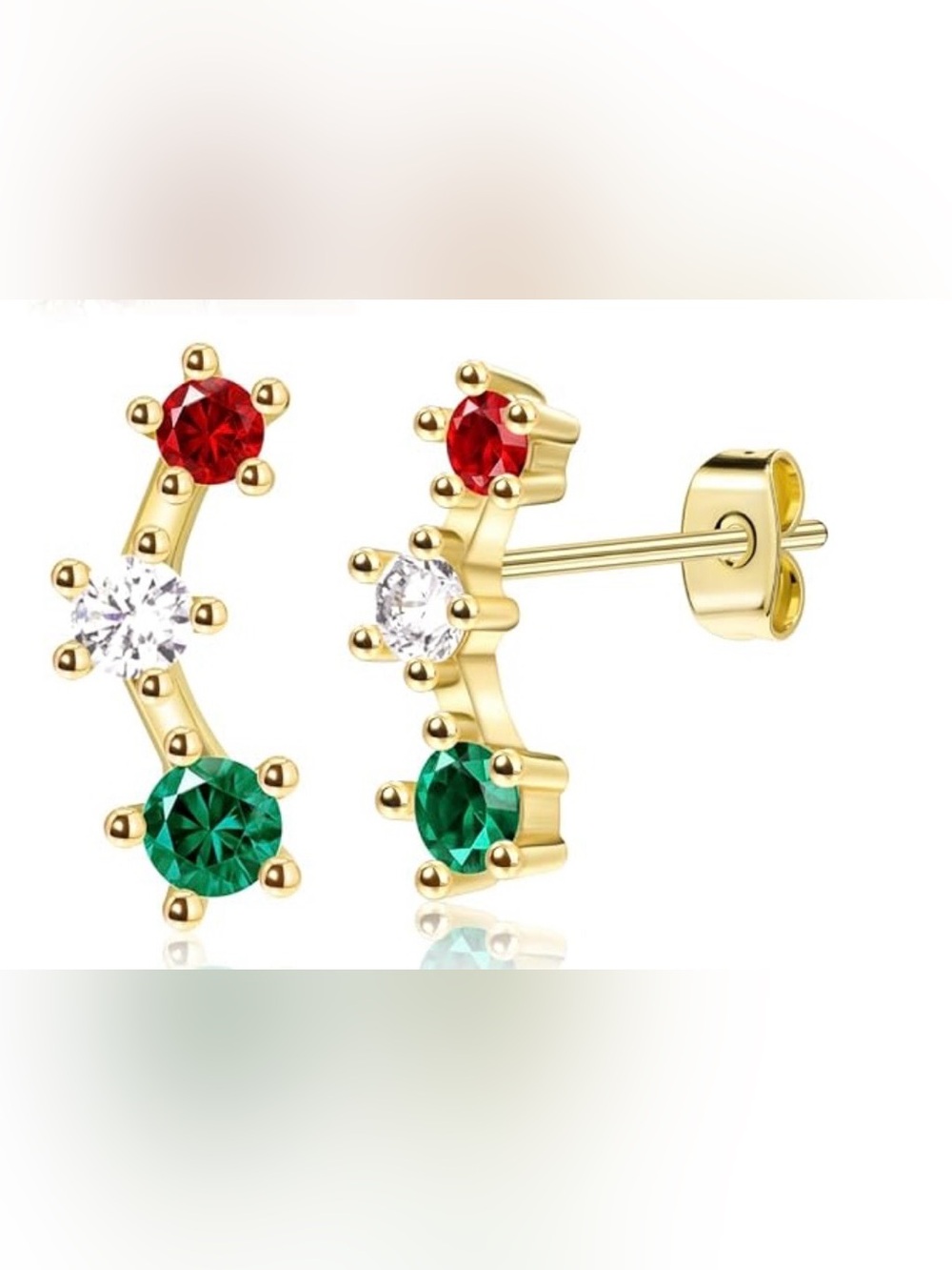 3 Pairs Gold Plated Dainty Small Women’s Earrings in Red, White, Green ~ New ~ - Picture 3 of 5